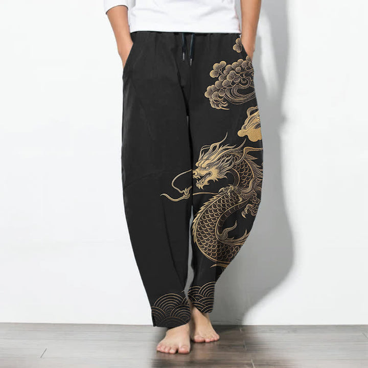 Buddha Stones Pantaloni da uomo affusolati in puro cotone con motivo drago dorato e nuvole, con coulisse e tasche. - Nero - US/UK/AU50, EU60 (5XL) - image 7