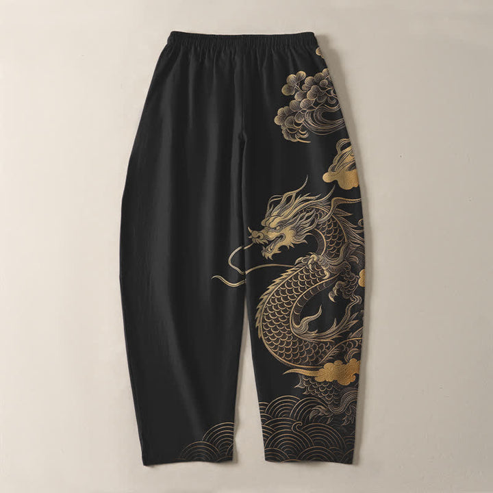 Buddha Stones Pantaloni da uomo affusolati in puro cotone con motivo drago dorato e nuvole, con coulisse e tasche. - image 10