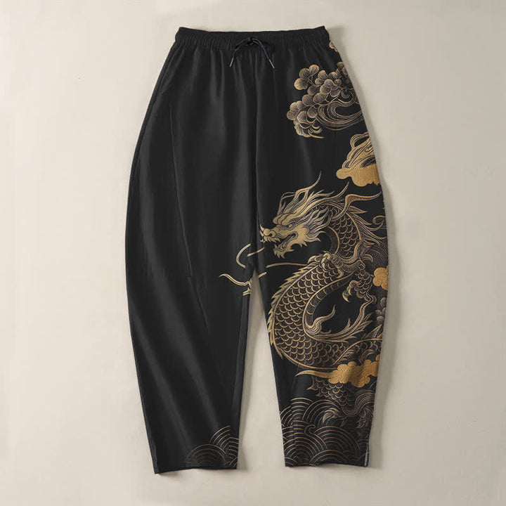 Buddha Stones Pantaloni da uomo affusolati in puro cotone con motivo drago dorato e nuvole, con coulisse e tasche. - image 9