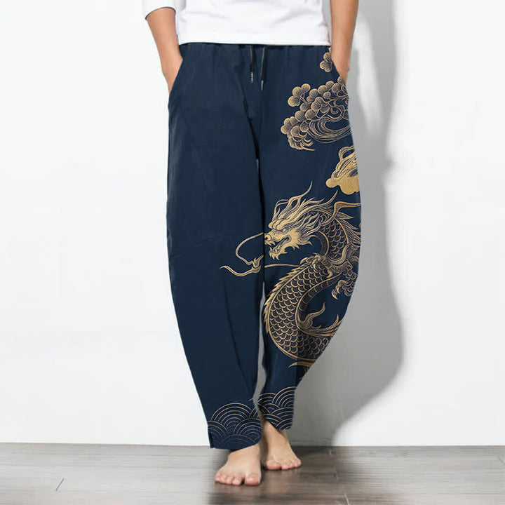 Buddha Stones Pantaloni da uomo affusolati in puro cotone con motivo drago dorato e nuvole, con coulisse e tasche. - Marina - US/UK/AU50, EU60 (5XL) - image 11