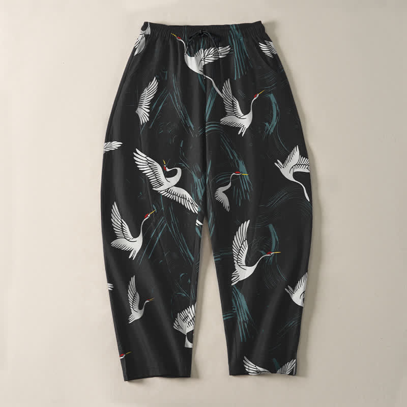 Buddha Stones Pantaloni da uomo affusolati in puro cotone, con coulisse, fantasia gru bianca e nera e motivo a gru, con tasche, colore nero. - image 2