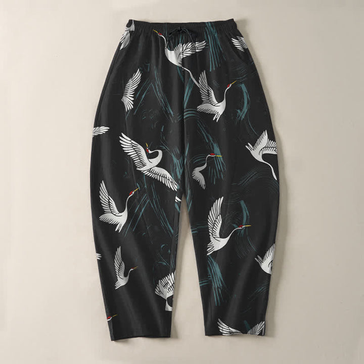 Buddha Stones Pantaloni da uomo affusolati in puro cotone, con coulisse, fantasia gru bianca e nera e motivo a gru, con tasche, colore nero. - image 2