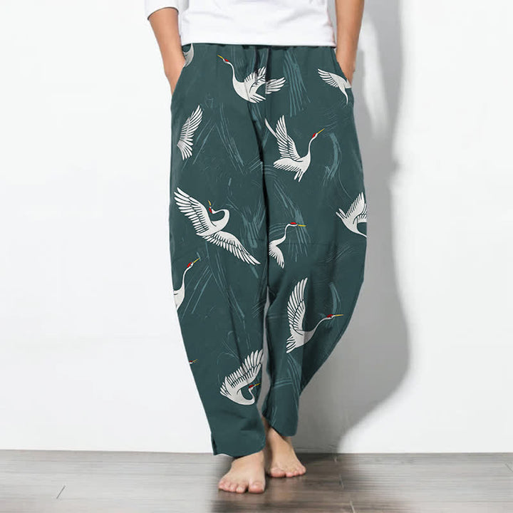 Buddha Stones Pantaloni da uomo affusolati in puro cotone, con coulisse, fantasia gru bianca e nera e motivo a gru, con tasche, colore nero. - Cadetto Blu - US/UK/AU50, EU60 (5XL) - image 7