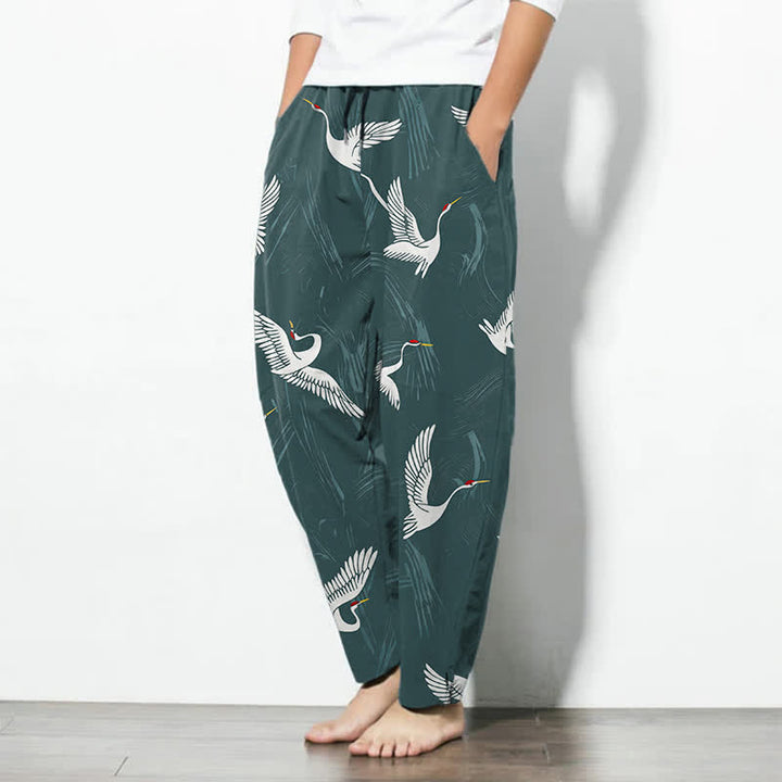 Buddha Stones Pantaloni da uomo affusolati in puro cotone, con coulisse, fantasia gru bianca e nera e motivo a gru, con tasche, colore nero. - image 8