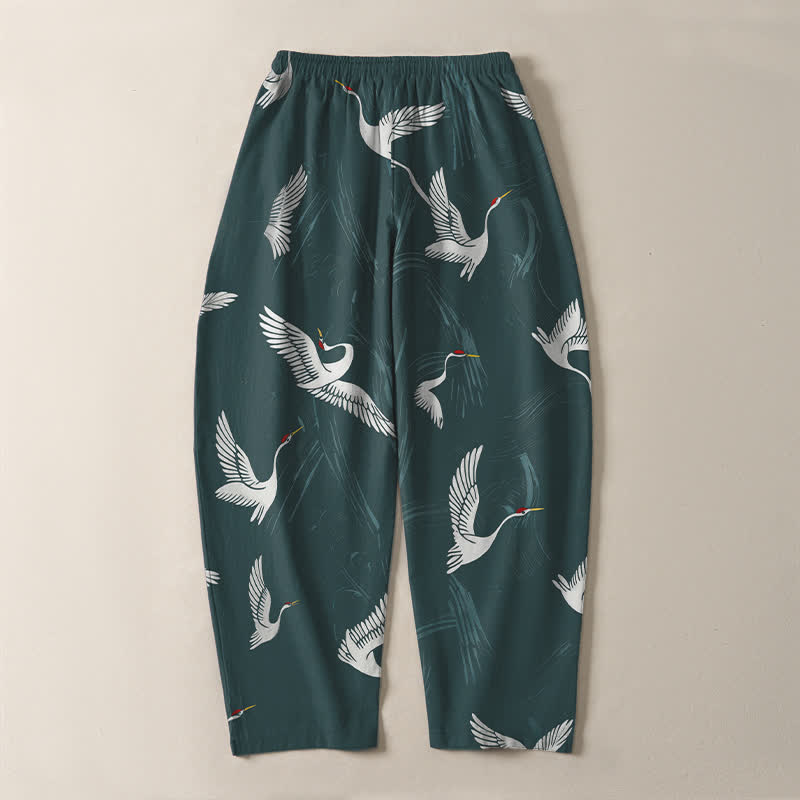 Buddha Stones Pantaloni da uomo affusolati in puro cotone, con coulisse, fantasia gru bianca e nera e motivo a gru, con tasche, colore nero. - image 10
