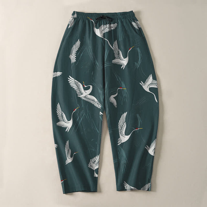 Buddha Stones Pantaloni da uomo affusolati in puro cotone, con coulisse, fantasia gru bianca e nera e motivo a gru, con tasche, colore nero. - image 9