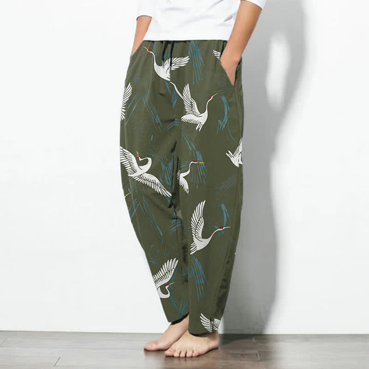 Buddha Stones Pantaloni da uomo affusolati in puro cotone, con coulisse, fantasia gru bianca e nera e motivo a gru, con tasche, colore nero. - image 12