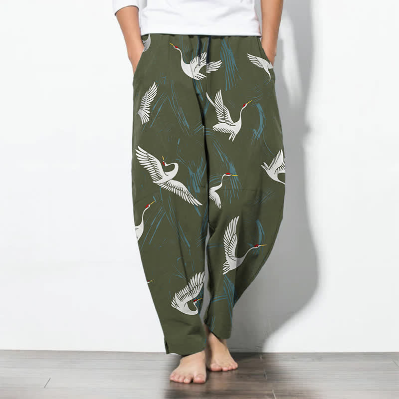 Buddha Stones Pantaloni da uomo affusolati in puro cotone, con coulisse, fantasia gru bianca e nera e motivo a gru, con tasche, colore nero. - Verde oliva scuro - US/UK/AU50, EU60 (5XL) - image 11