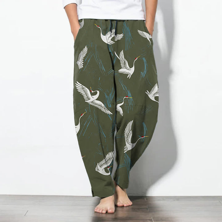Buddha Stones Pantaloni da uomo affusolati in puro cotone, con coulisse, fantasia gru bianca e nera e motivo a gru, con tasche, colore nero. - Verde oliva scuro - US/UK/AU50, EU60 (5XL) - image 11