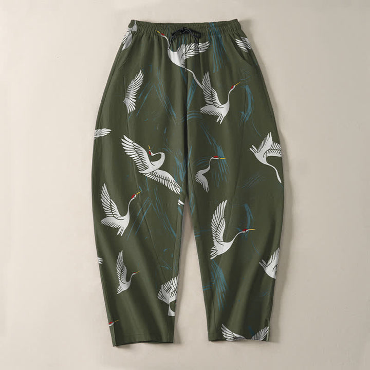 Buddha Stones Pantaloni da uomo affusolati in puro cotone, con coulisse, fantasia gru bianca e nera e motivo a gru, con tasche, colore nero. - image 13