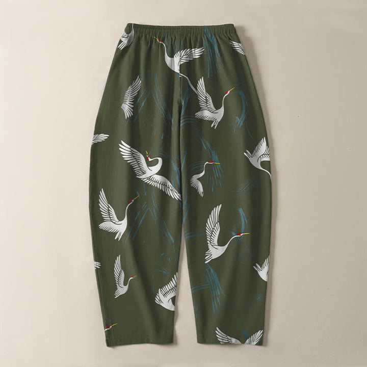 Buddha Stones Pantaloni da uomo affusolati in puro cotone, con coulisse, fantasia gru bianca e nera e motivo a gru, con tasche, colore nero. - image 14