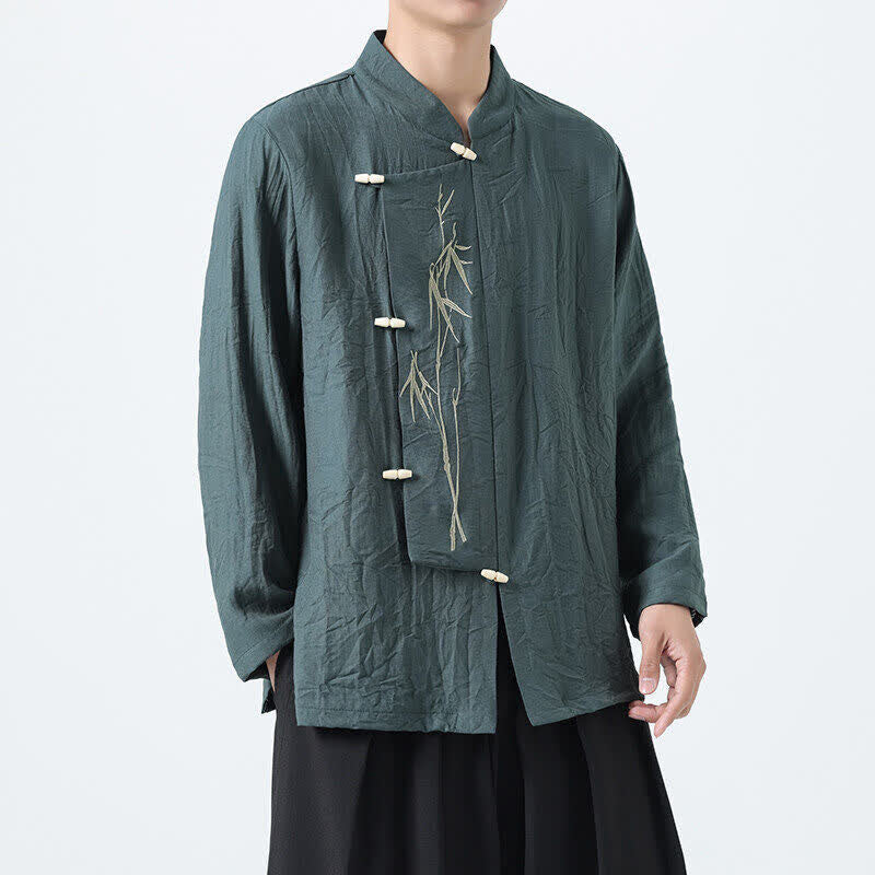 Buddha Stones Camicia da uomo a maniche lunghe stile Tang vintage con colletto alla coreana, bottoni a rana e ricamo di bambù, ideale per la primavera. - image 1