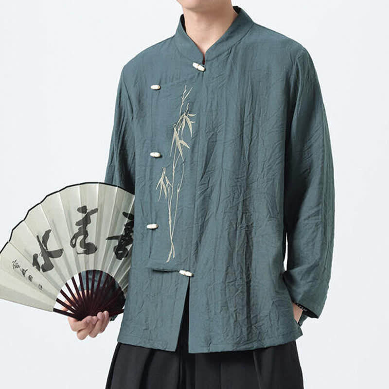 Buddha Stones Camicia da uomo a maniche lunghe stile Tang vintage con colletto alla coreana, bottoni a rana e ricamo di bambù, ideale per la primavera. - Cadetto Blu - US/UK/AU46, EU56 (5XL) - image 0