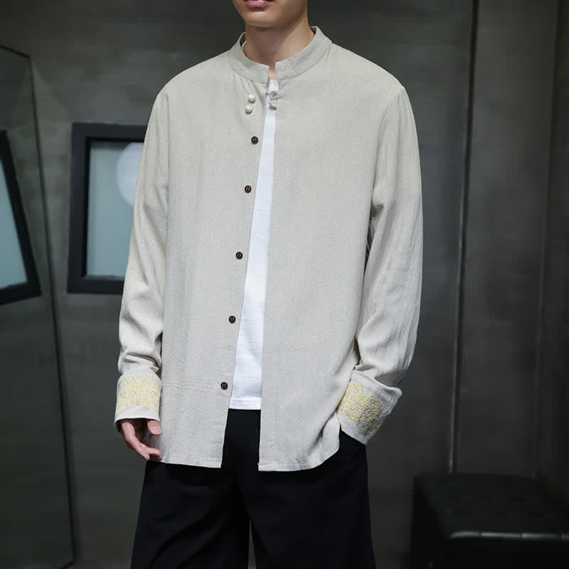 Buddha Stones Camicia da uomo a maniche lunghe, stile Tang, casual, autunno/inverno, con colletto alla coreana, ricami e polsini con nuvole di buon auspicio. - Beige - US/UK/AU46, EU56 (5XL) - image 16