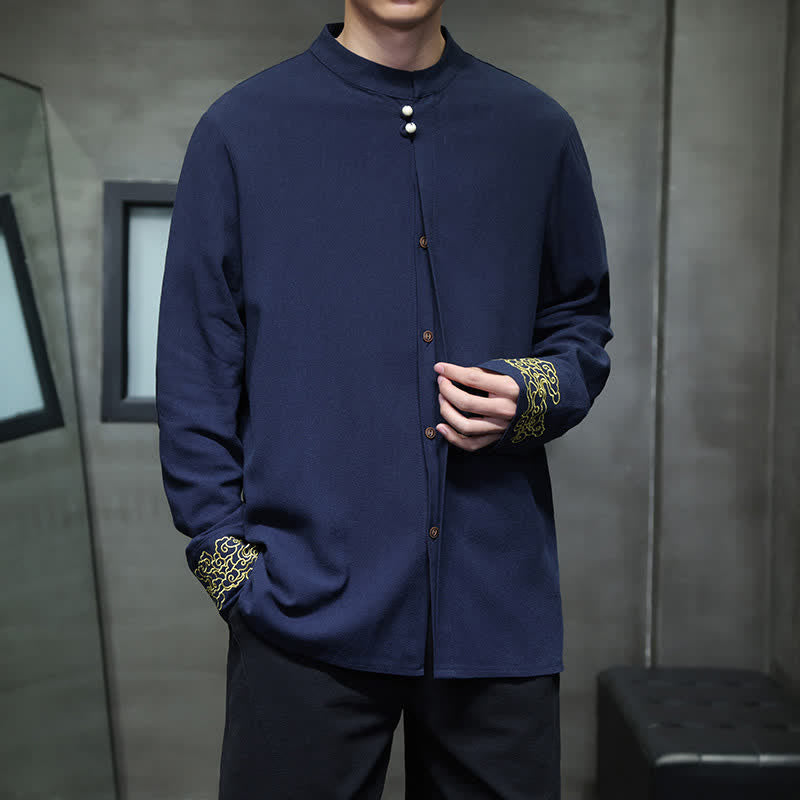 Buddha Stones Camicia da uomo a maniche lunghe, stile Tang, casual, autunno/inverno, con colletto alla coreana, ricami e polsini con nuvole di buon auspicio. - image 10