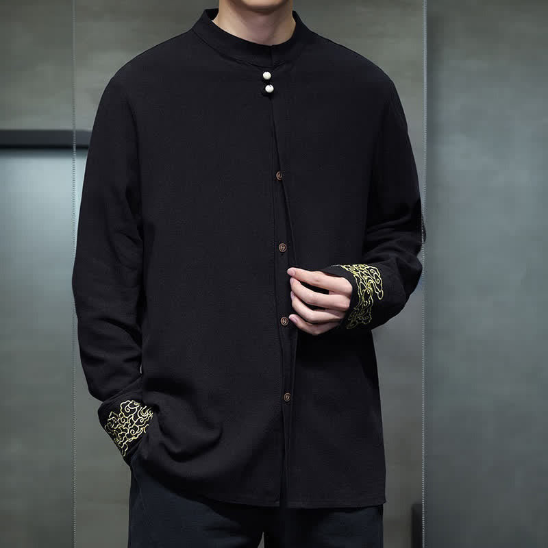 Buddha Stones Camicia da uomo a maniche lunghe, stile Tang, casual, autunno/inverno, con colletto alla coreana, ricami e polsini con nuvole di buon auspicio. - image 13