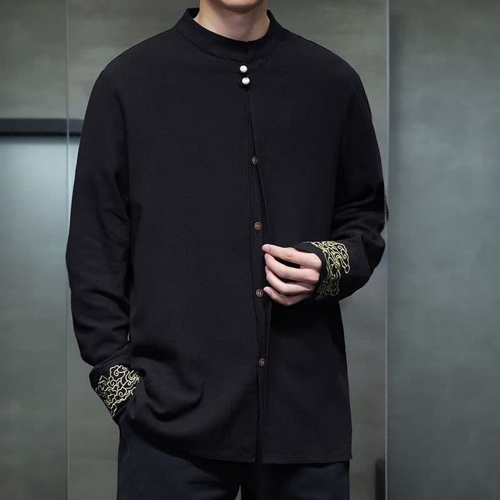 Buddha Stones Camicia da uomo a maniche lunghe, stile Tang, casual, autunno/inverno, con colletto alla coreana, ricami e polsini con nuvole di buon auspicio. - image 13