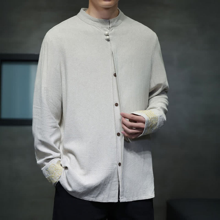 Buddha Stones Camicia da uomo a maniche lunghe, stile Tang, casual, autunno/inverno, con colletto alla coreana, ricami e polsini con nuvole di buon auspicio. - image 17