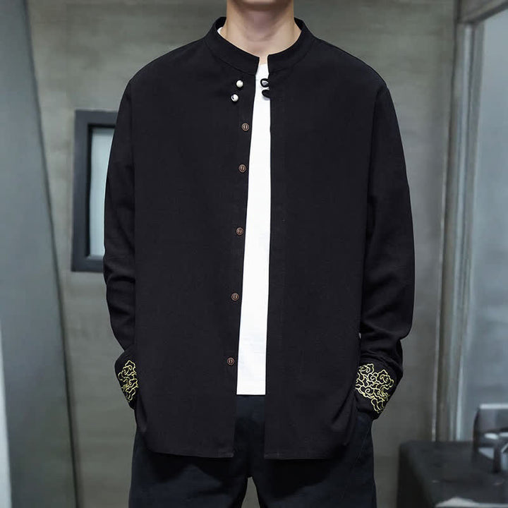 Buddha Stones Camicia da uomo a maniche lunghe, stile Tang, casual, autunno/inverno, con colletto alla coreana, ricami e polsini con nuvole di buon auspicio. - image 14