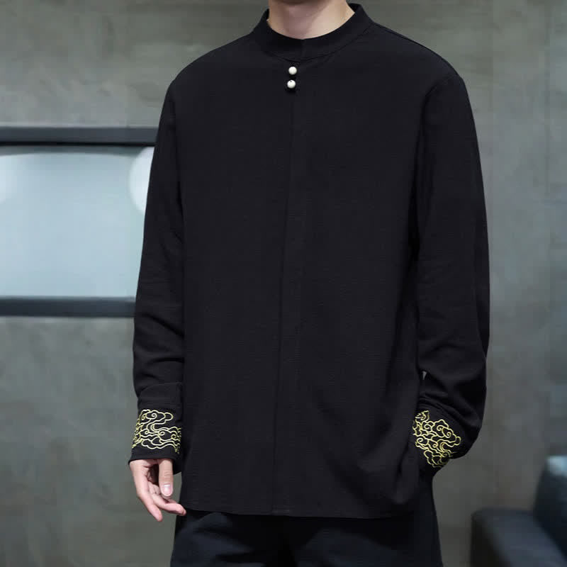 Buddha Stones Camicia da uomo a maniche lunghe, stile Tang, casual, autunno/inverno, con colletto alla coreana, ricami e polsini con nuvole di buon auspicio. - image 15