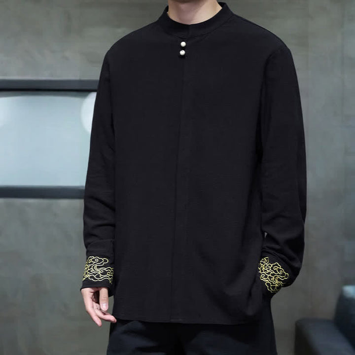Buddha Stones Camicia da uomo a maniche lunghe, stile Tang, casual, autunno/inverno, con colletto alla coreana, ricami e polsini con nuvole di buon auspicio. - image 15