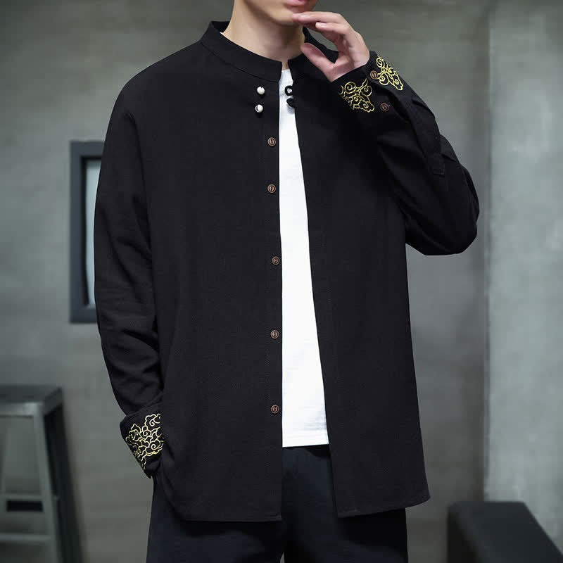 Buddha Stones Camicia da uomo a maniche lunghe, stile Tang, casual, autunno/inverno, con colletto alla coreana, ricami e polsini con nuvole di buon auspicio. - Nero - US/UK/AU46, EU56 (5XL) - image 11