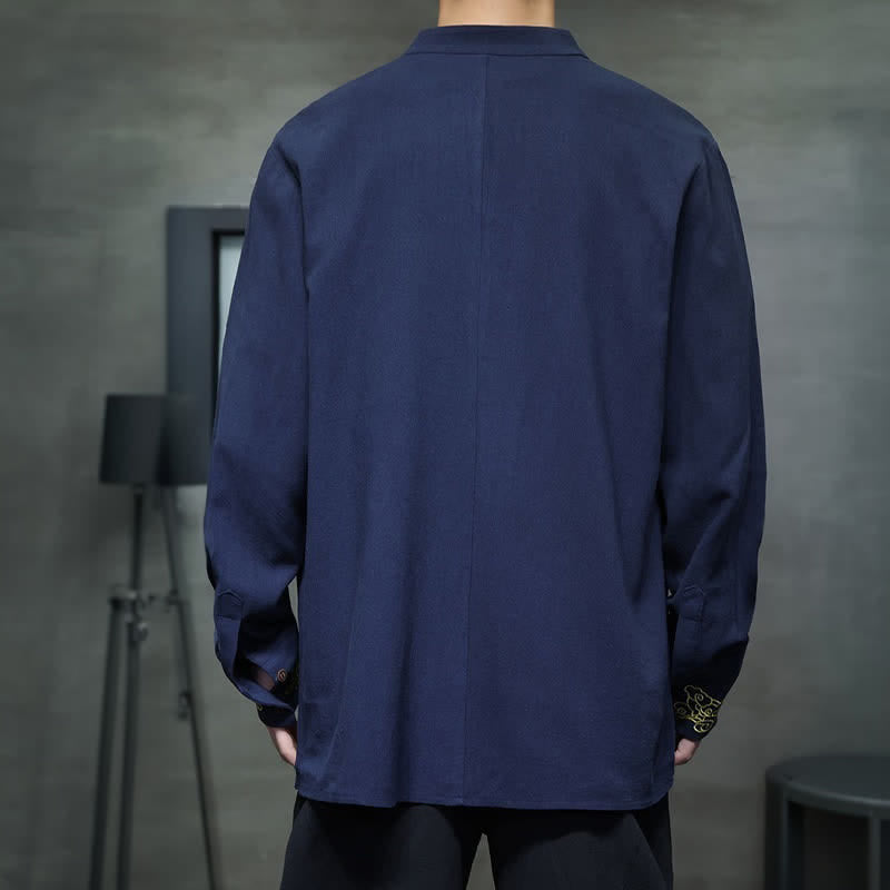 Buddha Stones Camicia da uomo a maniche lunghe, stile Tang, casual, autunno/inverno, con colletto alla coreana, ricami e polsini con nuvole di buon auspicio. - image 4