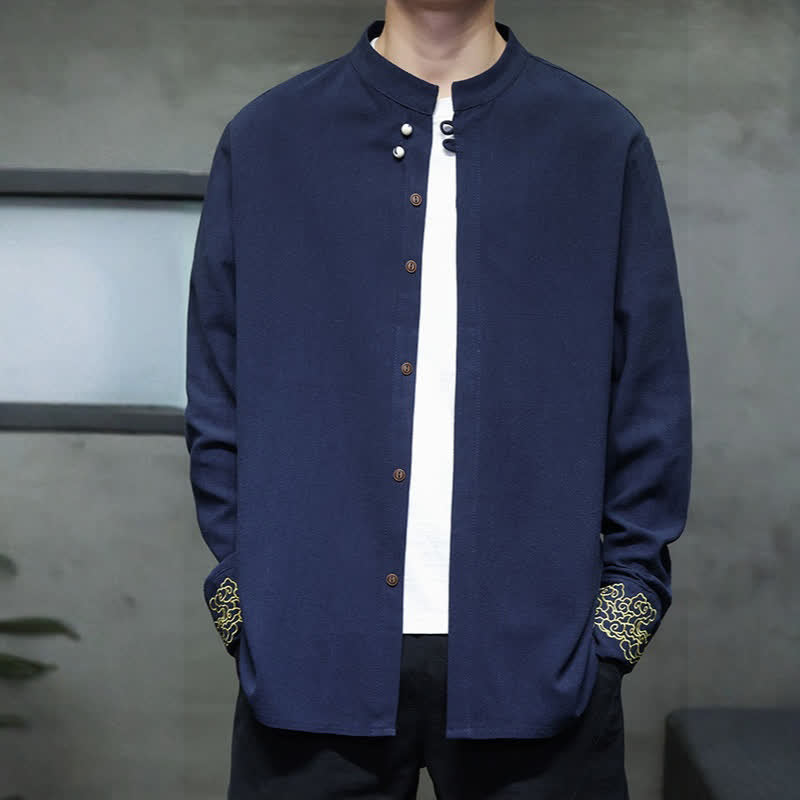 Buddha Stones Camicia da uomo a maniche lunghe, stile Tang, casual, autunno/inverno, con colletto alla coreana, ricami e polsini con nuvole di buon auspicio. - image 8