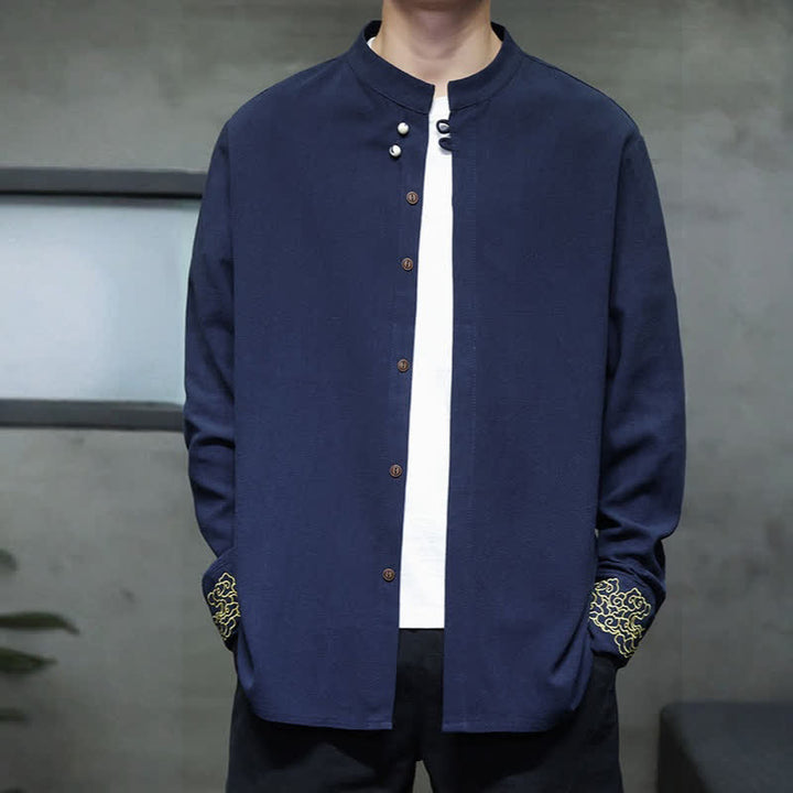 Buddha Stones Camicia da uomo a maniche lunghe, stile Tang, casual, autunno/inverno, con colletto alla coreana, ricami e polsini con nuvole di buon auspicio. - image 8