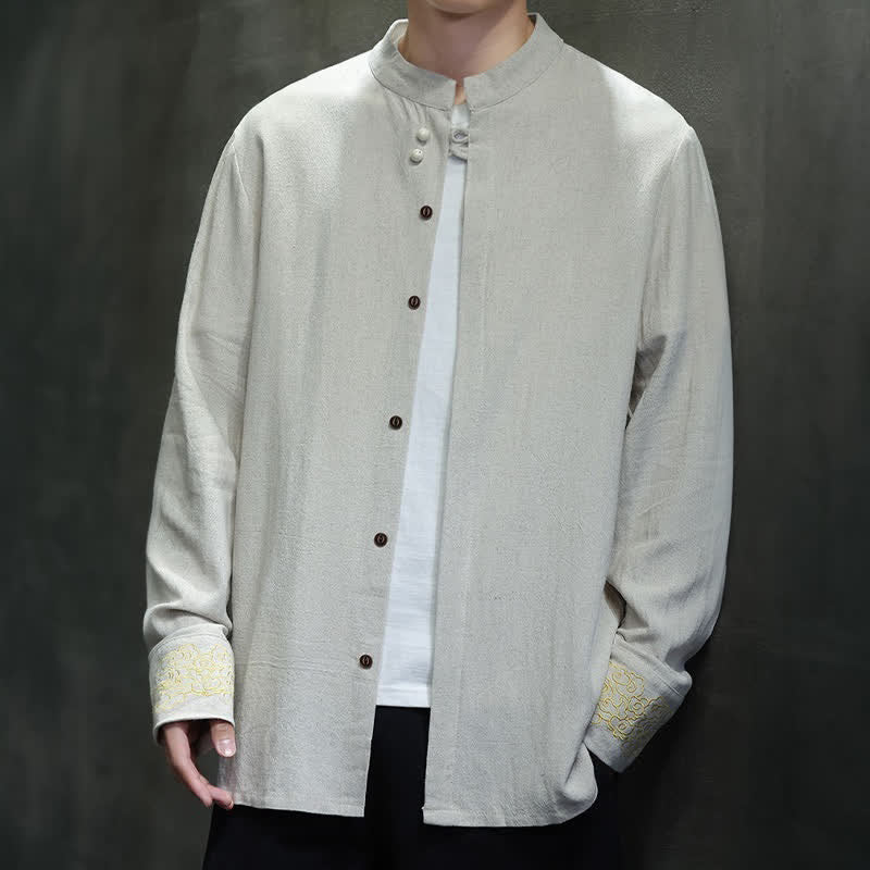 Buddha Stones Camicia da uomo a maniche lunghe, stile Tang, casual, autunno/inverno, con colletto alla coreana, ricami e polsini con nuvole di buon auspicio. - image 22