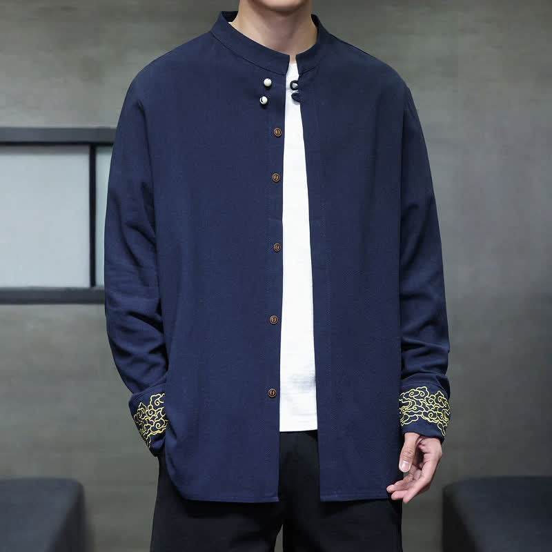 Buddha Stones Camicia da uomo a maniche lunghe, stile Tang, casual, autunno/inverno, con colletto alla coreana, ricami e polsini con nuvole di buon auspicio. - image 1