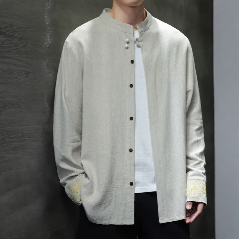 Buddha Stones Camicia da uomo a maniche lunghe, stile Tang, casual, autunno/inverno, con colletto alla coreana, ricami e polsini con nuvole di buon auspicio. - image 23