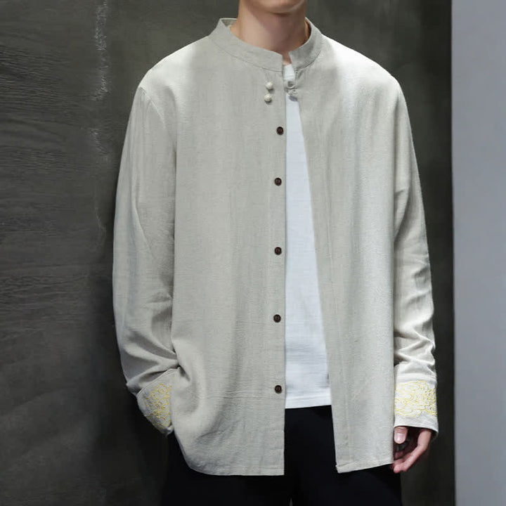 Buddha Stones Camicia da uomo a maniche lunghe, stile Tang, casual, autunno/inverno, con colletto alla coreana, ricami e polsini con nuvole di buon auspicio. - image 23