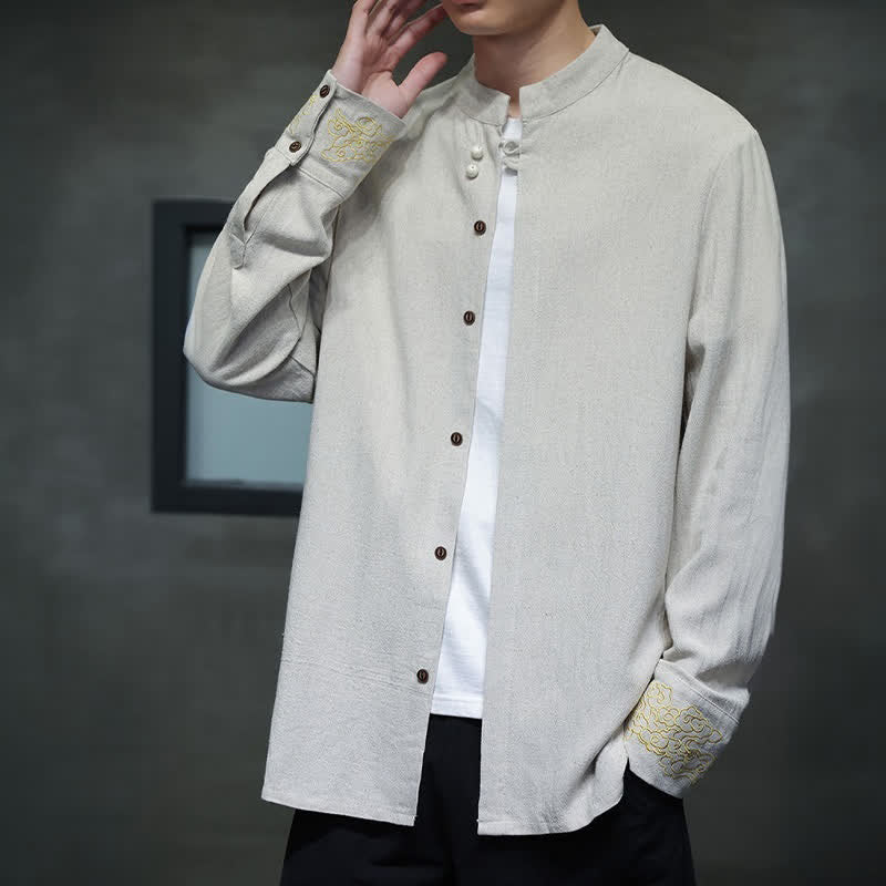 Buddha Stones Camicia da uomo a maniche lunghe, stile Tang, casual, autunno/inverno, con colletto alla coreana, ricami e polsini con nuvole di buon auspicio. - image 18