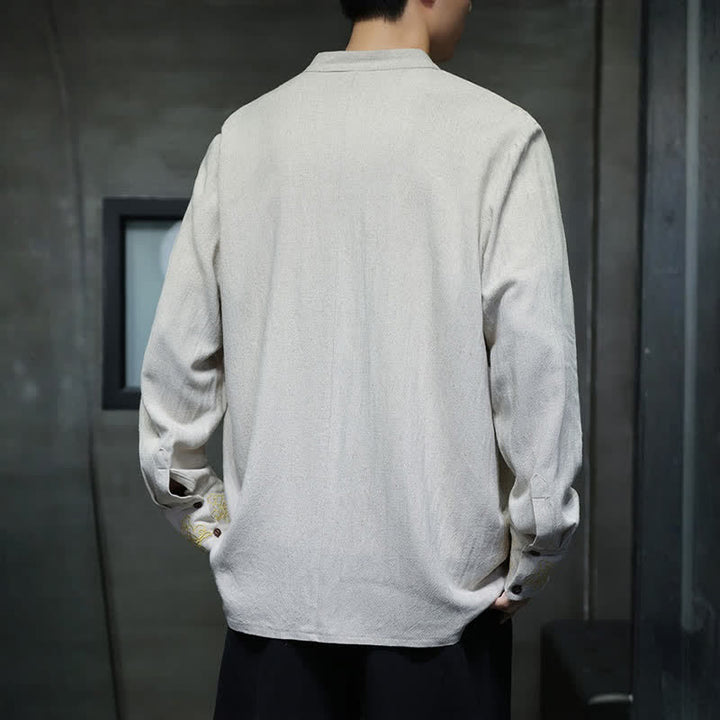 Buddha Stones Camicia da uomo a maniche lunghe, stile Tang, casual, autunno/inverno, con colletto alla coreana, ricami e polsini con nuvole di buon auspicio. - image 19