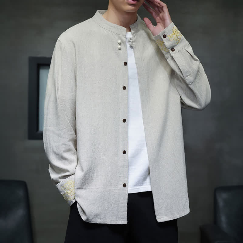 Buddha Stones Camicia da uomo a maniche lunghe, stile Tang, casual, autunno/inverno, con colletto alla coreana, ricami e polsini con nuvole di buon auspicio. - image 20