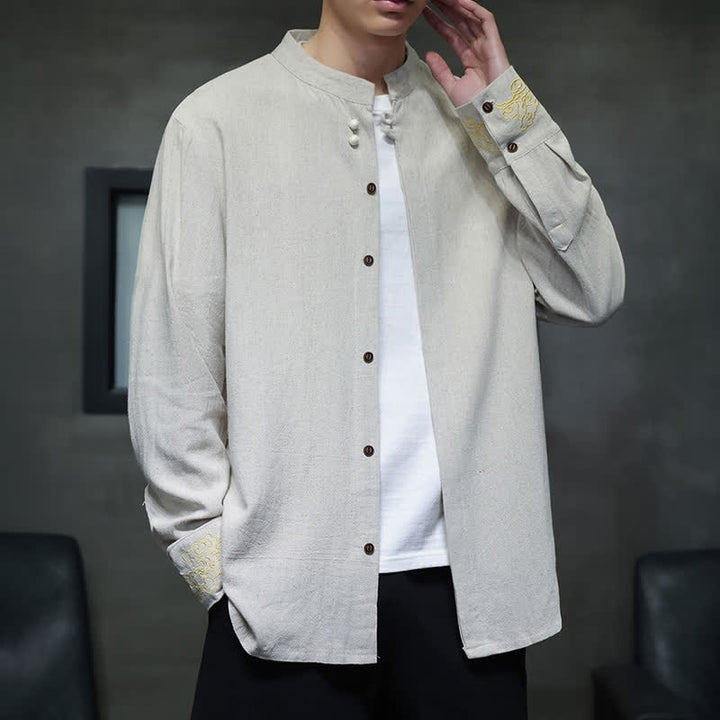 Buddha Stones Camicia da uomo a maniche lunghe, stile Tang, casual, autunno/inverno, con colletto alla coreana, ricami e polsini con nuvole di buon auspicio. - image 20
