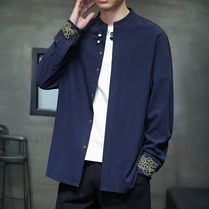 Buddha Stones Camicia da uomo a maniche lunghe, stile Tang, casual, autunno/inverno, con colletto alla coreana, ricami e polsini con nuvole di buon auspicio. - image 3