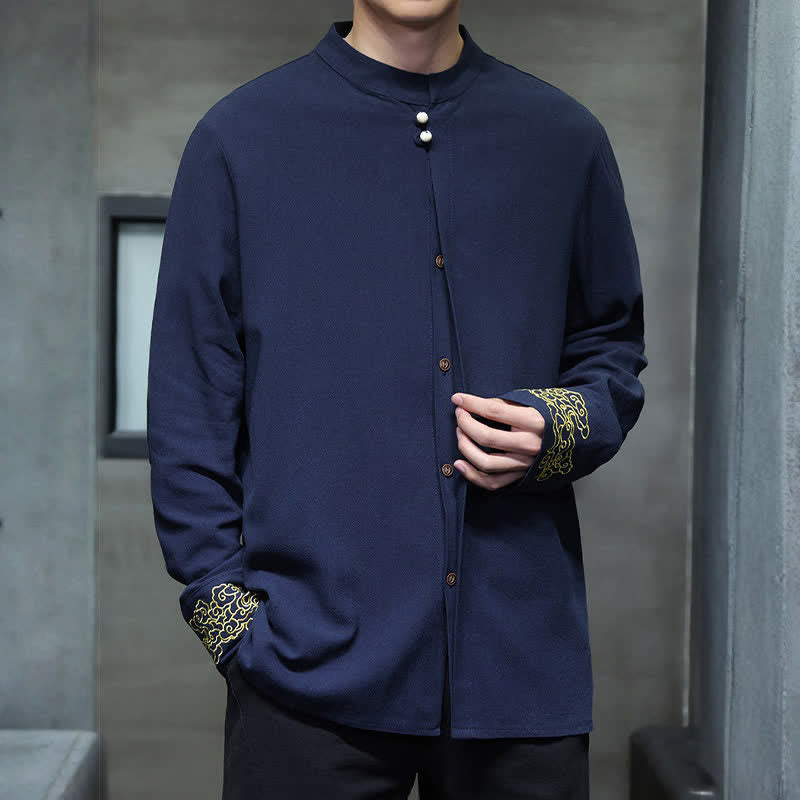 Buddha Stones Camicia da uomo a maniche lunghe, stile Tang, casual, autunno/inverno, con colletto alla coreana, ricami e polsini con nuvole di buon auspicio. - image 6