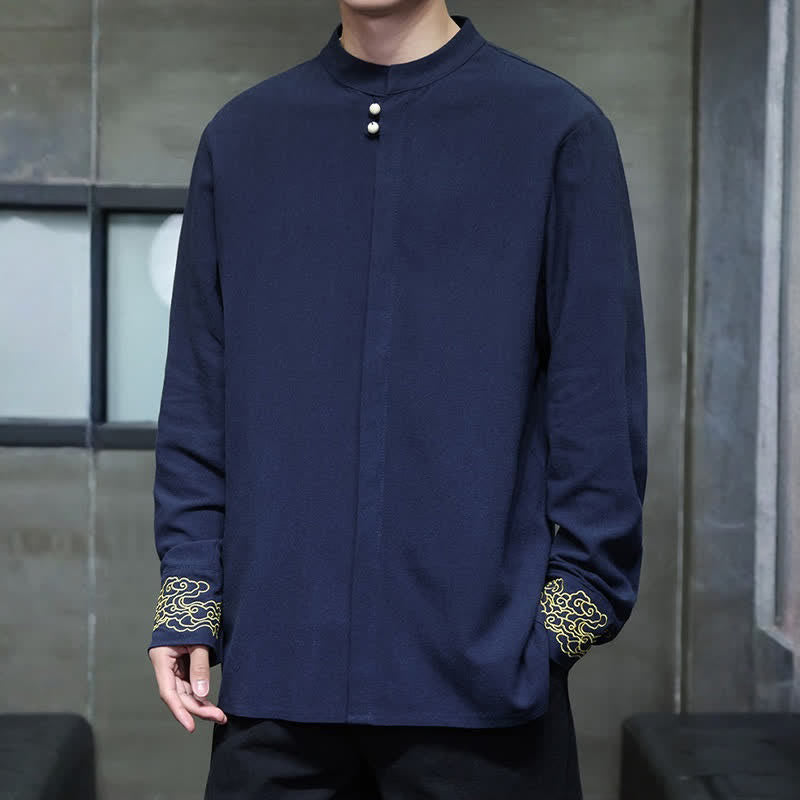 Buddha Stones Camicia da uomo a maniche lunghe, stile Tang, casual, autunno/inverno, con colletto alla coreana, ricami e polsini con nuvole di buon auspicio. - image 2
