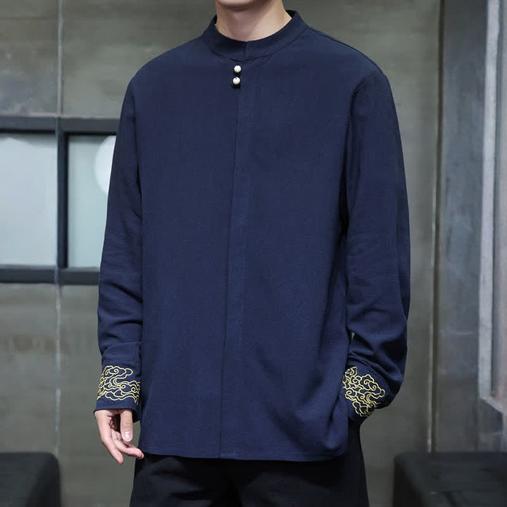 Buddha Stones Camicia da uomo a maniche lunghe, stile Tang, casual, autunno/inverno, con colletto alla coreana, ricami e polsini con nuvole di buon auspicio. - image 2