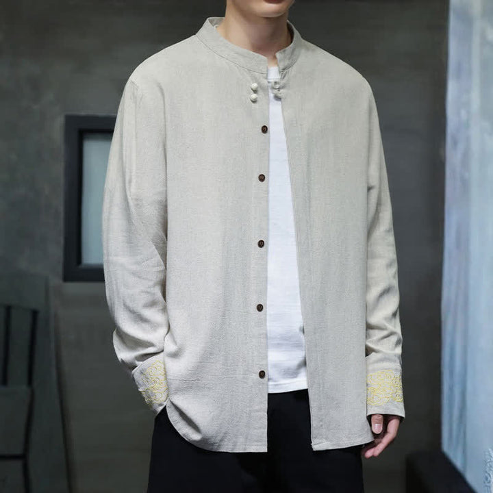 Buddha Stones Camicia da uomo a maniche lunghe, stile Tang, casual, autunno/inverno, con colletto alla coreana, ricami e polsini con nuvole di buon auspicio. - image 21