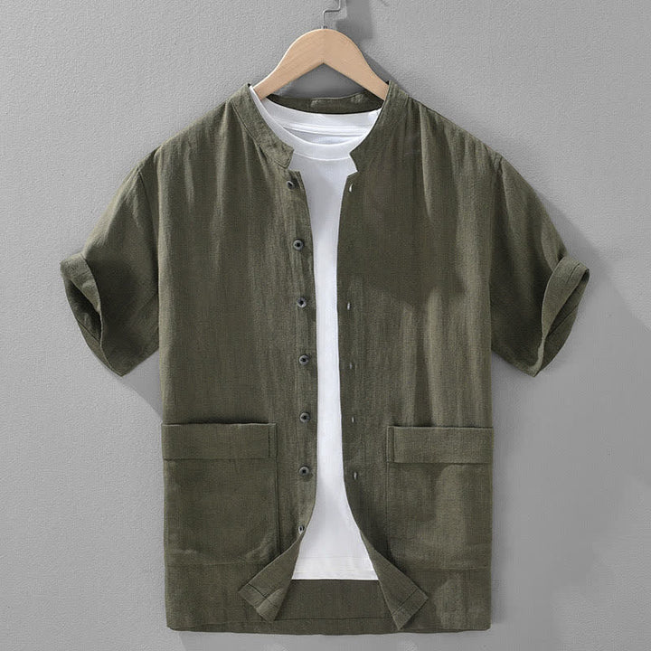 Buddha Stones Camicia da uomo estiva casual a maniche corte con colletto alla coreana, bottoni e tasche. - Verde oliva scuro - US/UK/AU42, EU52 (3XL) - image 0
