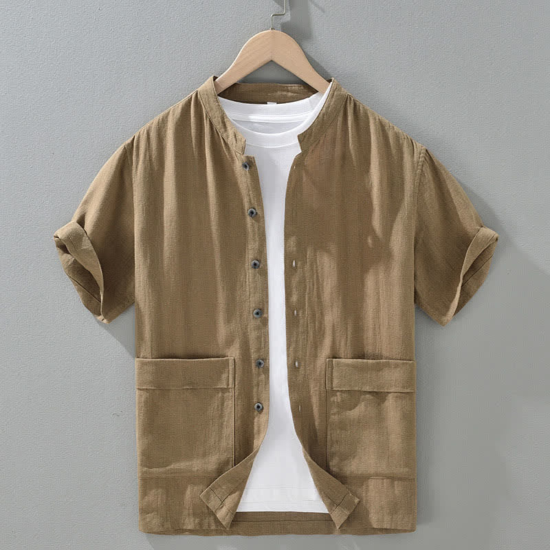 Buddha Stones Camicia da uomo estiva casual a maniche corte con colletto alla coreana, bottoni e tasche. - Legno robusto - US/UK/AU42, EU52 (3XL) - image 1