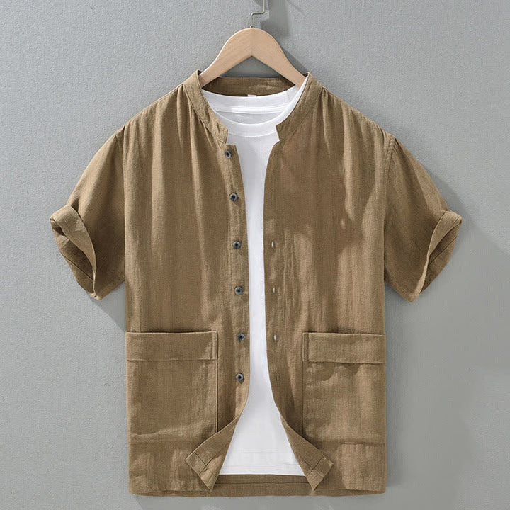 Buddha Stones Camicia da uomo estiva casual a maniche corte con colletto alla coreana, bottoni e tasche. - Legno robusto - US/UK/AU42, EU52 (3XL) - image 1