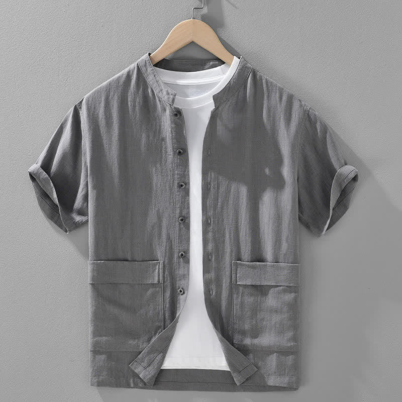 Buddha Stones Camicia da uomo estiva casual a maniche corte con colletto alla coreana, bottoni e tasche. - Grigio ardesia - US/UK/AU42, EU52 (3XL) - image 2
