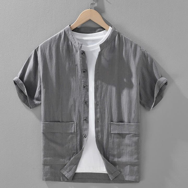 Buddha Stones Camicia da uomo estiva casual a maniche corte con colletto alla coreana, bottoni e tasche. - Grigio ardesia - US/UK/AU42, EU52 (3XL) - image 2