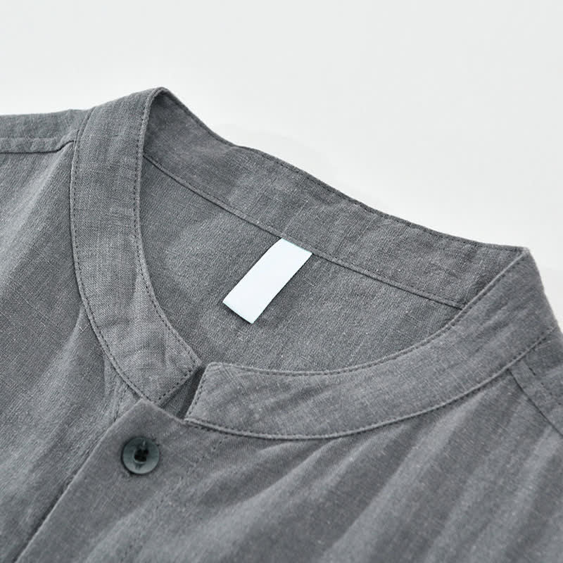 Buddha Stones Camicia da uomo estiva casual a maniche corte con colletto alla coreana, bottoni e tasche. - image 5
