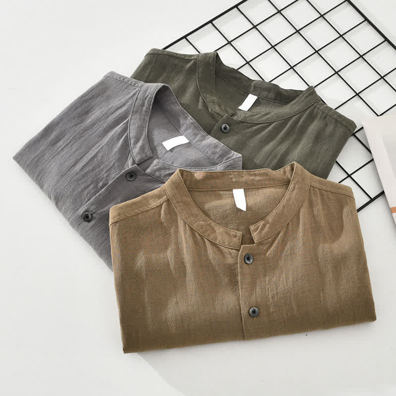 Buddha Stones Camicia da uomo estiva casual a maniche corte con colletto alla coreana, bottoni e tasche. - image 14