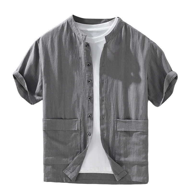 Buddha Stones Camicia da uomo estiva casual a maniche corte con colletto alla coreana, bottoni e tasche. - image 4